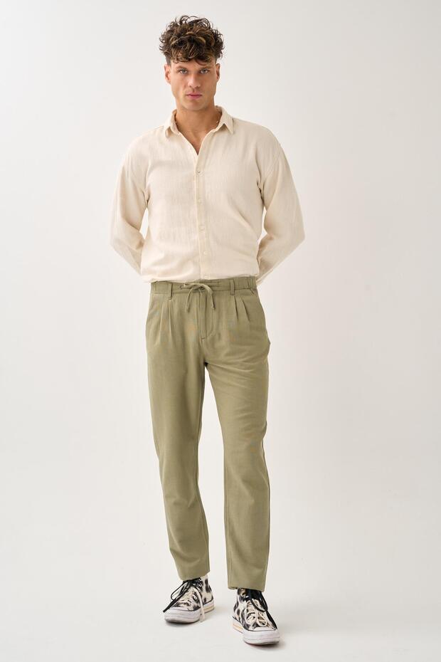 Regular Fit Elastic Waist Linen Trousers - 3