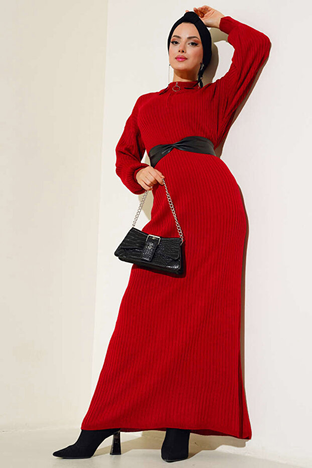 Women's Full Hijab Knitwear Dress Red 1140