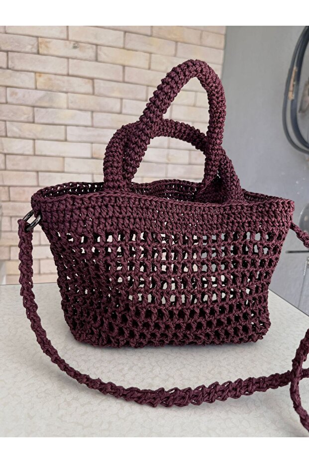 Plum Color Mesh Knitted Bag Knitted Handle Mini Bag Unlined