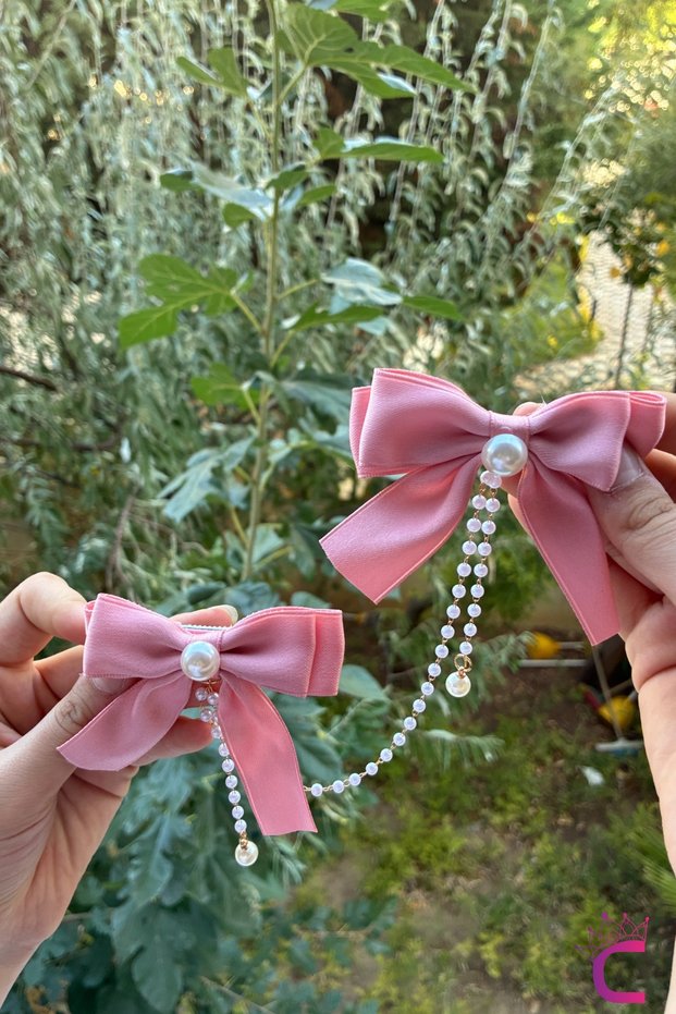 Set of 2 Pearl Dangle Pink Bow Clip Hairpins - Elegant Girls' Ribbon Clip Hairpins