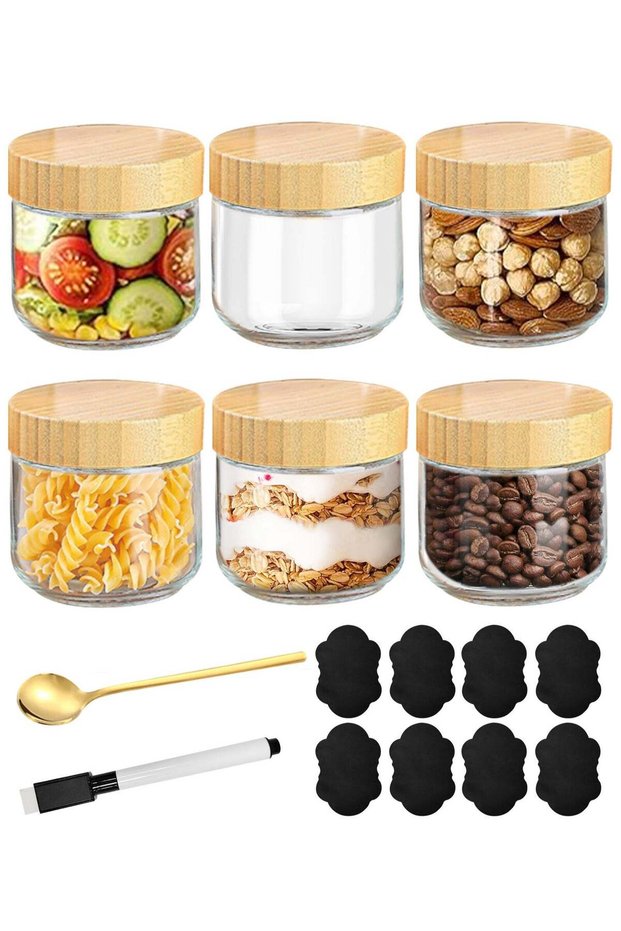 6-pack 10oz/300ml Glass jars with Airtight Lids, Overnight Oats Containers with Bamboo Lids, Wide m