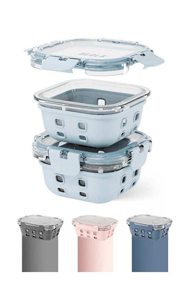 Set of 2 Glass Food Storage Containers with Airtight Lids and Silicone Protection, Leakproof Food O