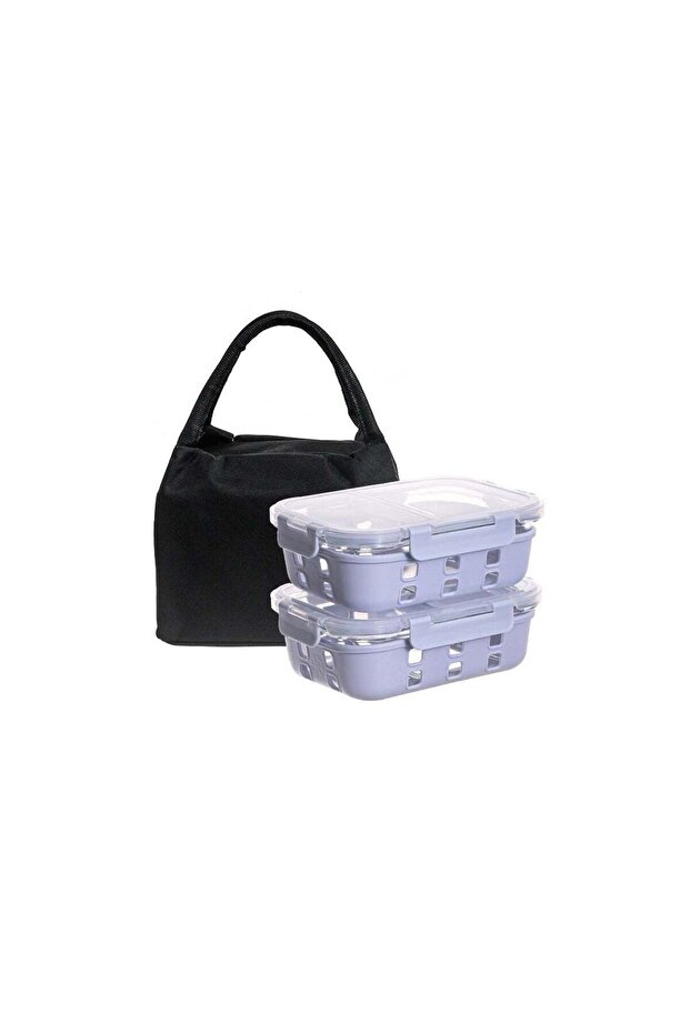 2 Pack High Borosilicate Glass Food Storage with 2 Compartment Set and Premium Insulated Lunch Bag,