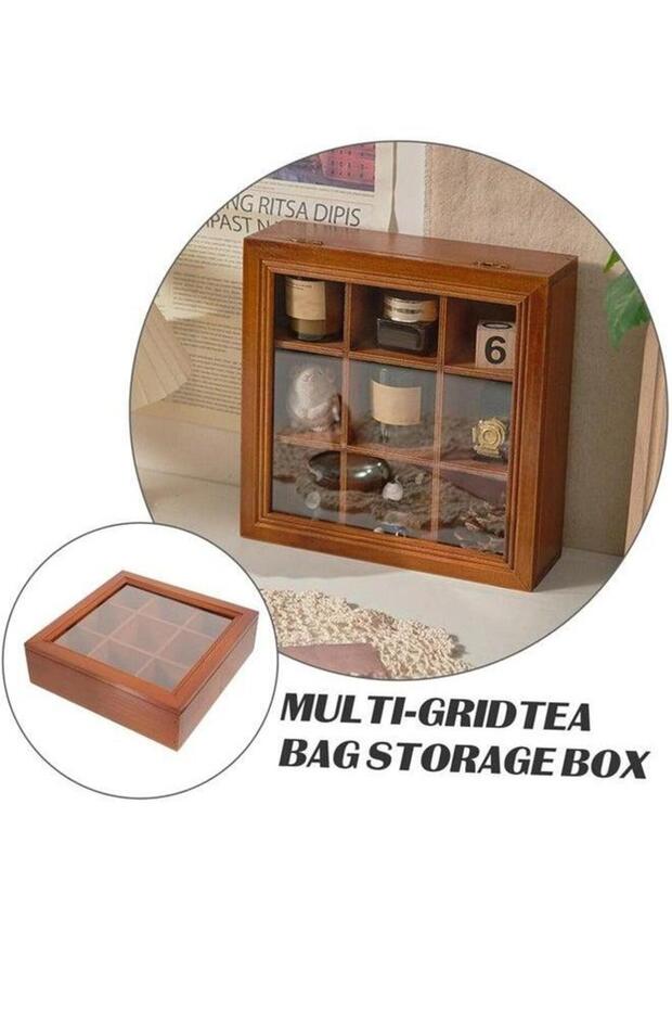 Tea Box Bag Organizer, 9 Compartments Wood Storage Holder with Clear Lid, Chest Container Rustic Or
