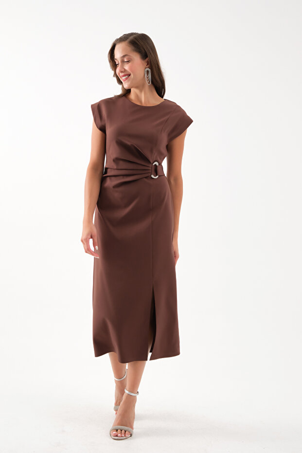 Women's Brown Crew Neck Accessory Detail Midi Dress
