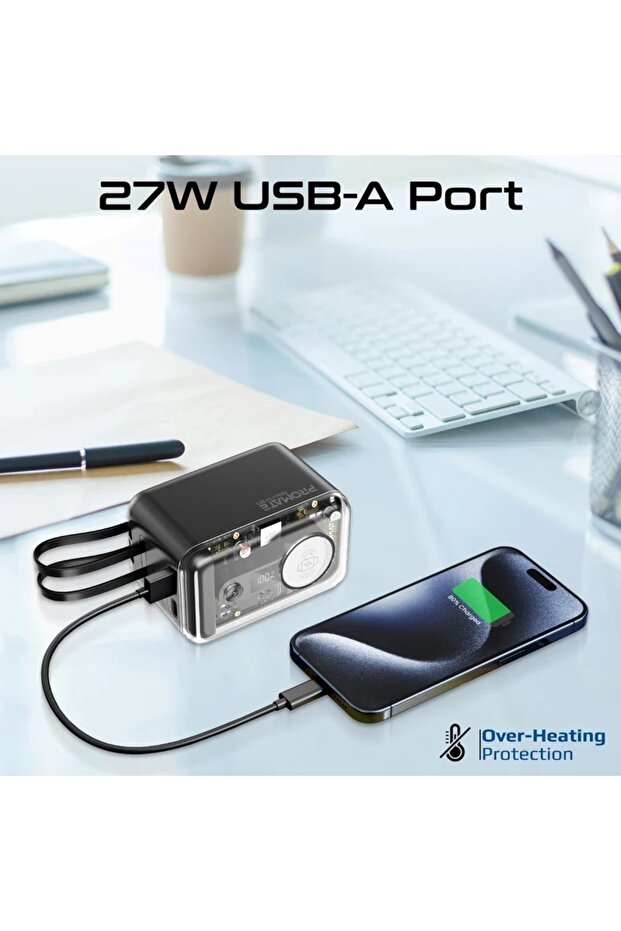 65W Multi-Device Charging Transparent Power Bank with Built-In USB-C & Lightning Cable - 2