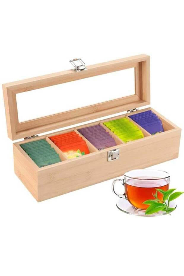 Tea Bag Organizer, Bamboo Tea Storage Box with 5 Compartment Tea Chest with Acrylic Clear Lid, Hold