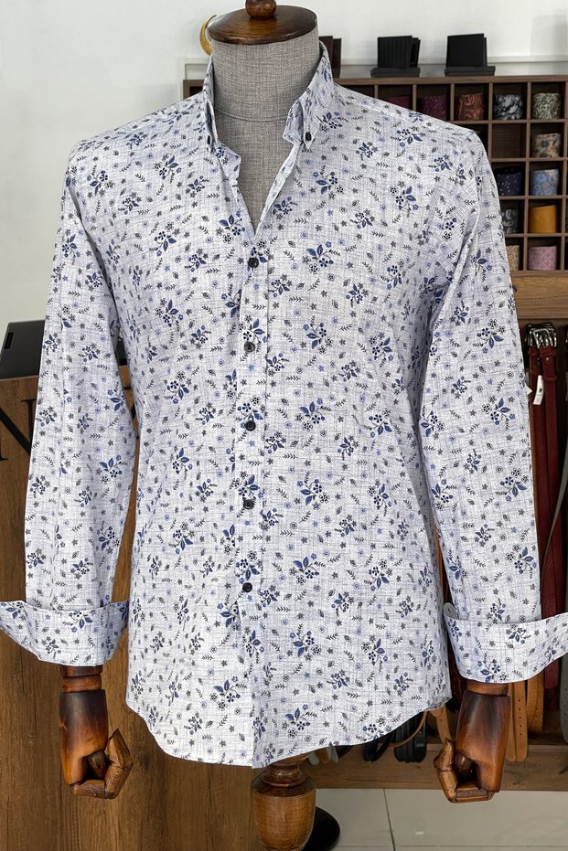 Slim Fit High Quality Patterned Cotton Blue Shirt