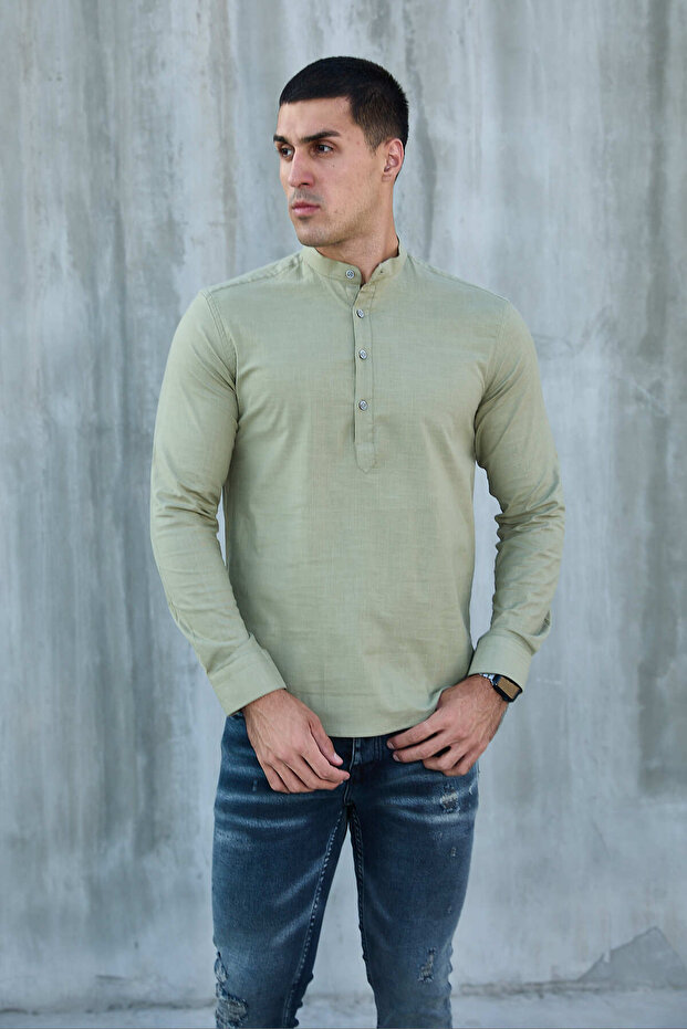 Khaki-Haki̇m Collar Half Pat Lycra Linen Texture Cotton Slim Fit Men's Shirt