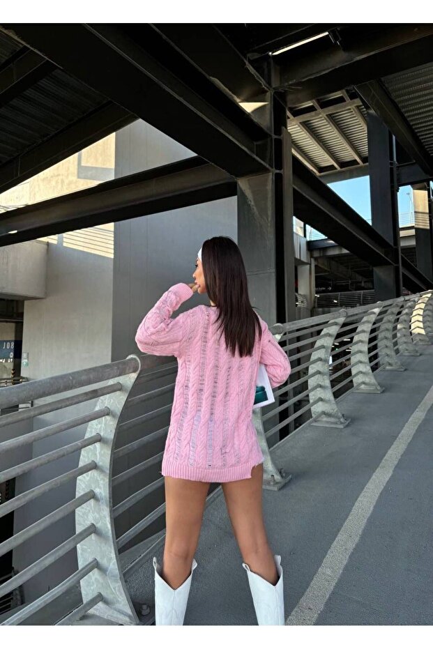 Kadın Saç Örgülü Ajurlu Triko Kazak - 4