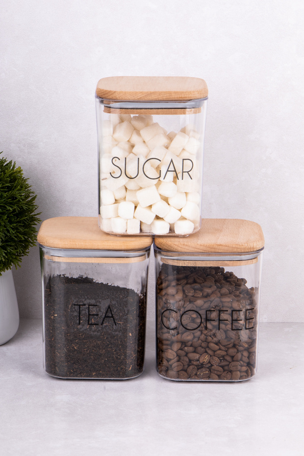 3Pcs 900ml Storage Container Wooden Vacuum Lid with Label Gift Tea Sugar Coffee Jar Mica