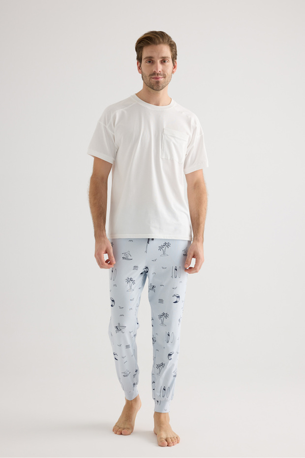 Erkek Pamuklu Kısa Kollu Uzun Pijama Takımı - 2
