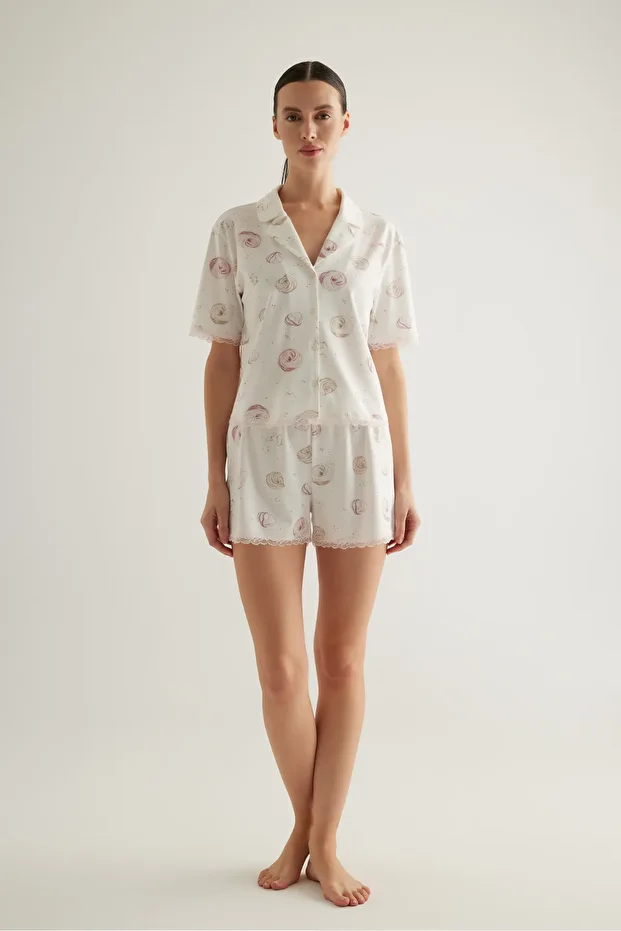 Kadın Pamuklu Kısa Kollu Gömlek Şortlu Pijama Takımı - 2