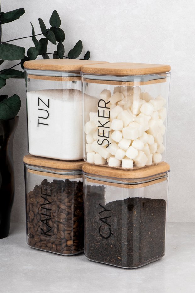 4-Piece Tea Sugar Coffee Salt Storage Container 900 ml Wooden Vacuum Lid Jar with Label Gift Mica