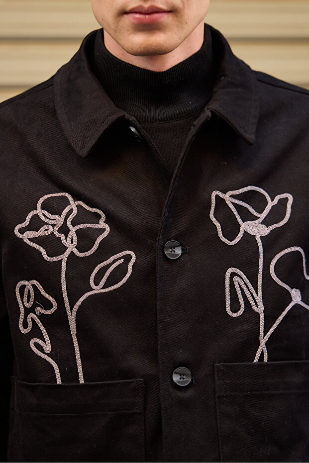 Men's Floral Patterned Jacket Black - 7