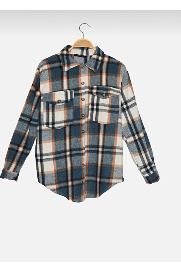 Ekose oversize/geniş kalıp mavi dokuma gömlek - 4