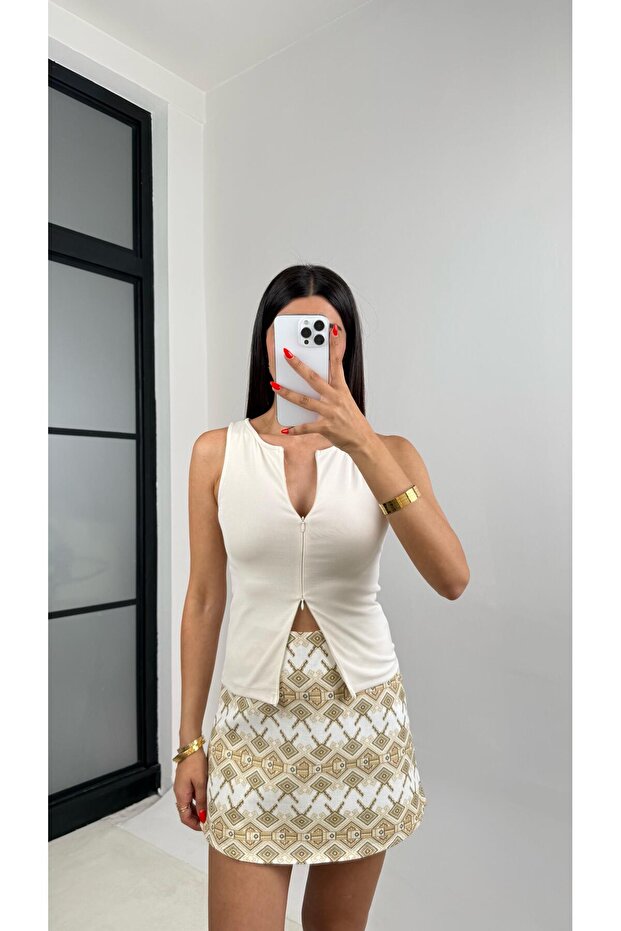 Taş Sıfır Kol Çift Fermuarlı Basic Bluz GAUS-0059 - 2