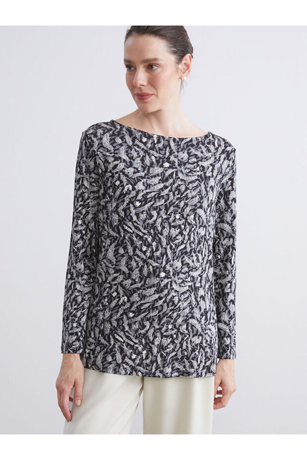 Black Crew Neck Patterned Blouse
