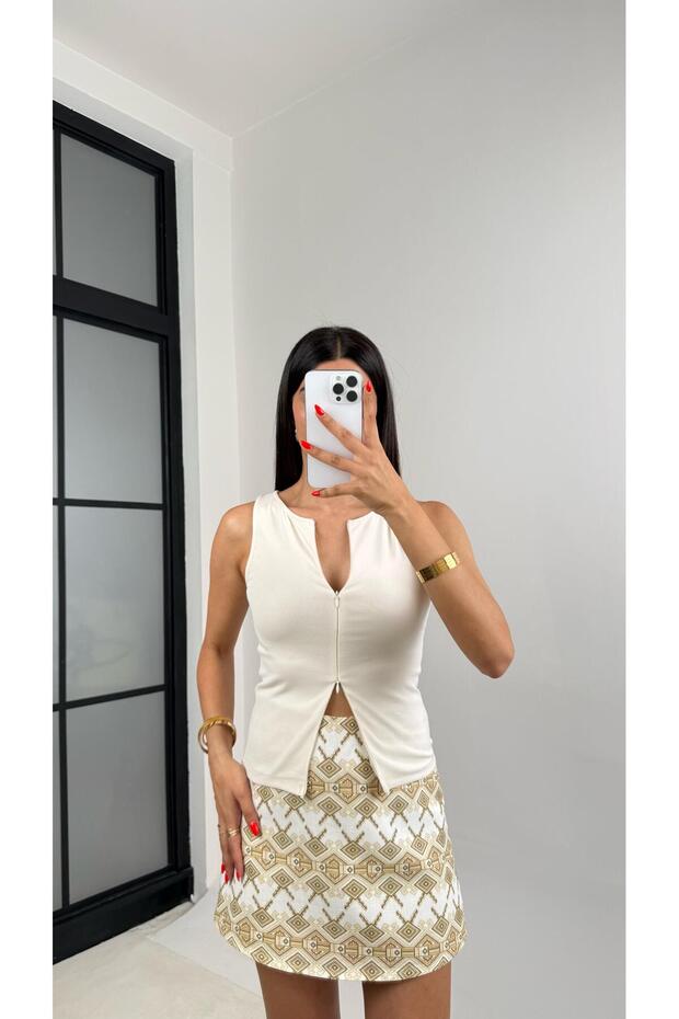 Taş Sıfır Kol Çift Fermuarlı Basic Bluz GAUS-0059 - 1