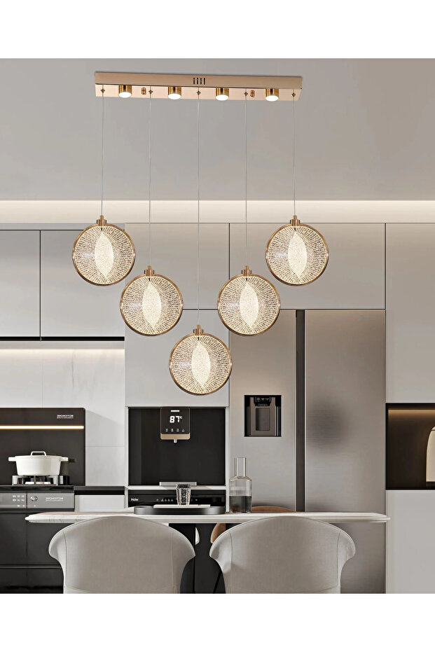 Midye 5'Li 67 Watt Sıralı Gold Ledli Modern Salon Avize - 1