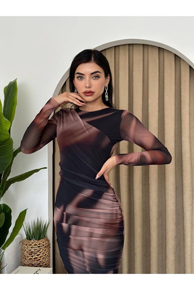 Davina Tül Tasarım Uzun Kollu Midi Elbise - 4