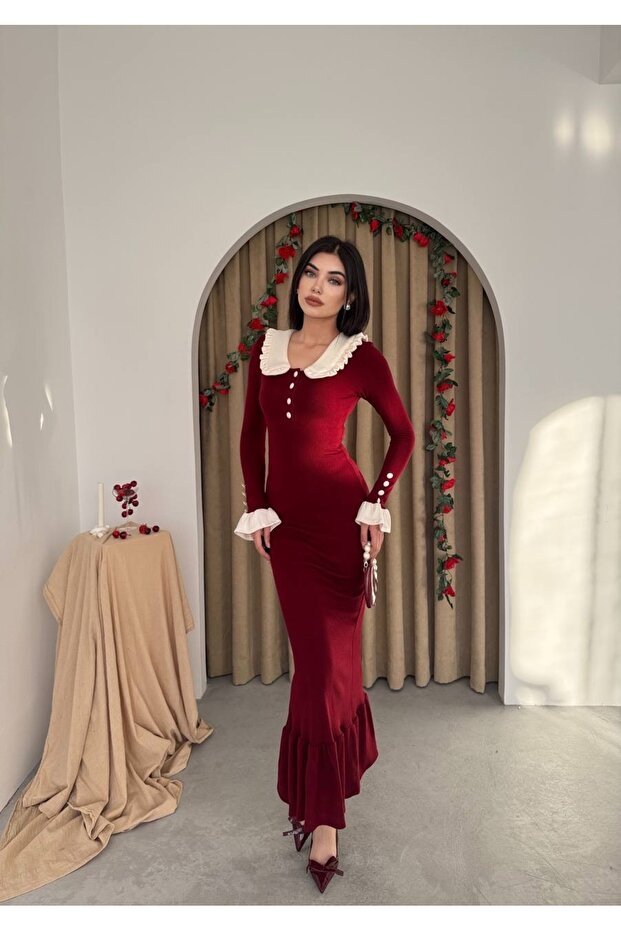 Arlena Retro Fırfır Detay Uzun Triko Elbise - 3