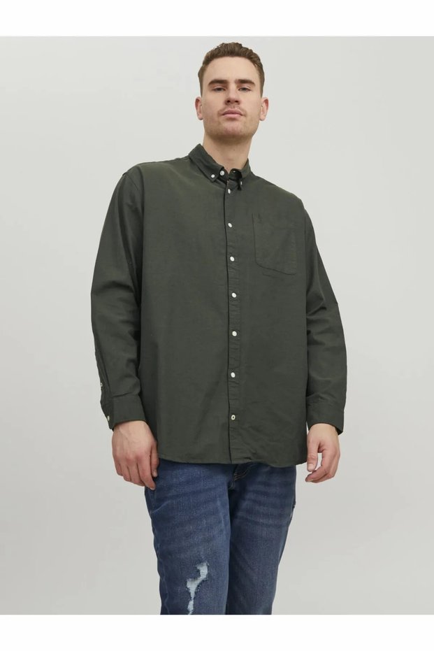 Men's Green Jjeoxford Shirt L/S S21 Noos Pls Plus Size Shirt 12190444-Forestnig