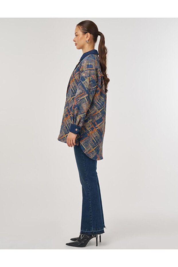 Denim Garnished Patterned Tunic Pumpkin - 4