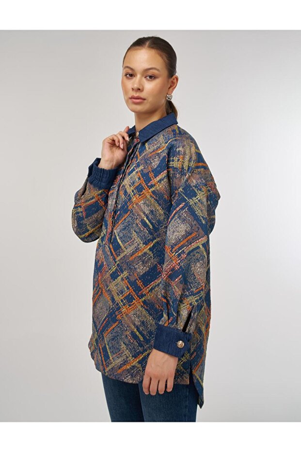 Denim Garnished Patterned Tunic Pumpkin - 1