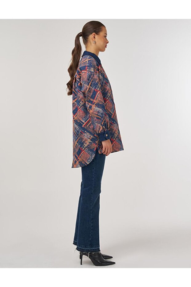Denim Garnished Patterned Tunic Red - 6