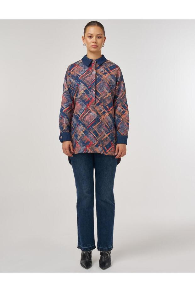 Denim Garnished Patterned Tunic Red - 3