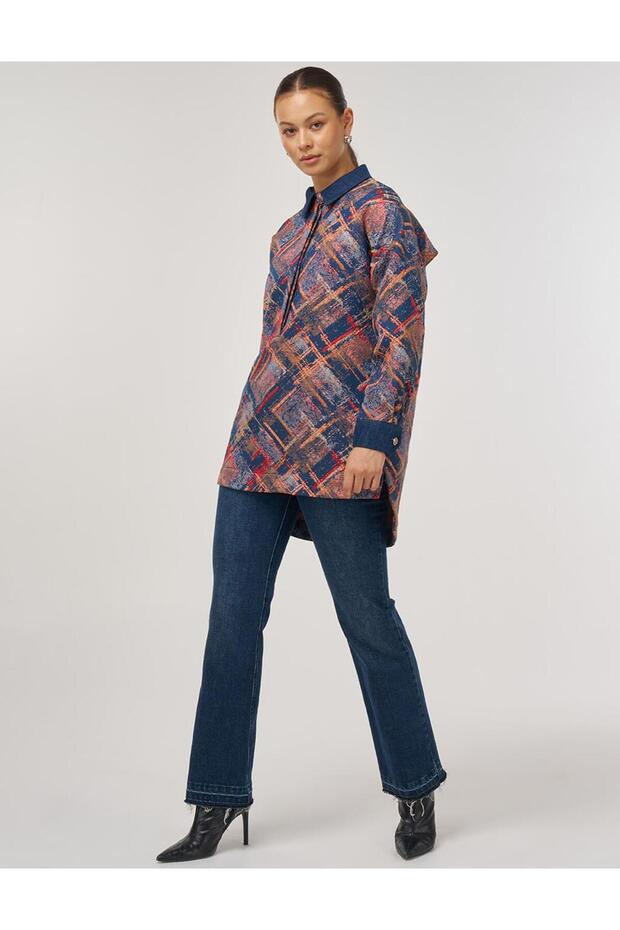Denim Garnished Patterned Tunic Red - 2