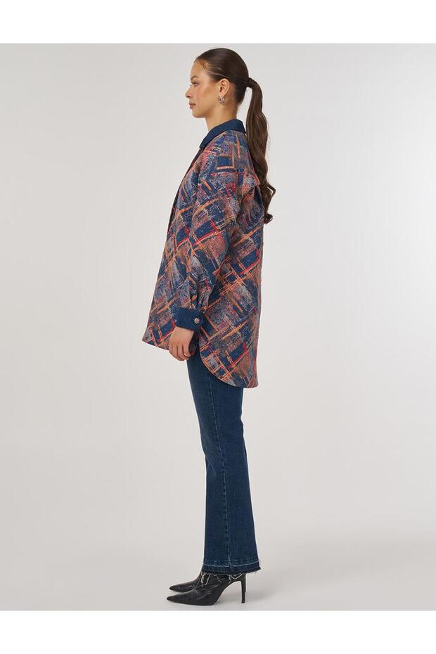 Denim Garnished Patterned Tunic Red - 4