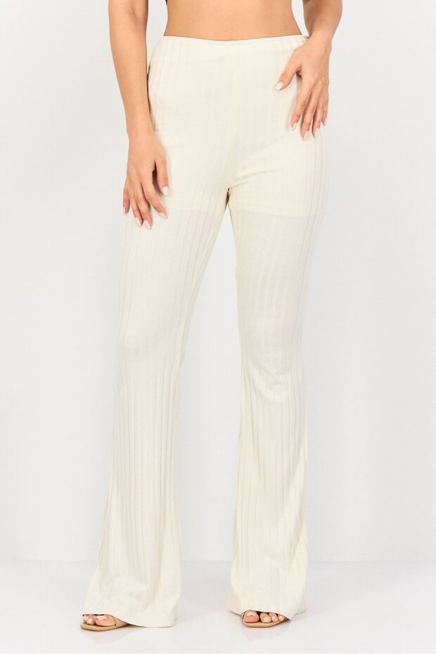 Women Regular Fit Wide Leg Ribbed Palazzo Pants, Beige