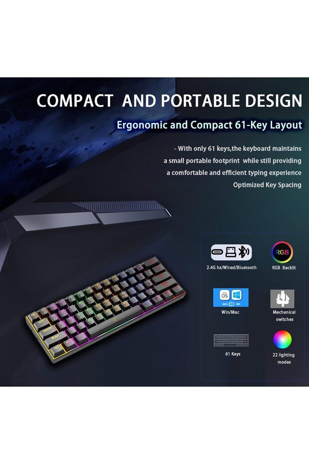 Wireless Bluetooth Tri Mode Mechanical Keyboard Multi Platform Support Rechargeable 61 Key Rgb - 6