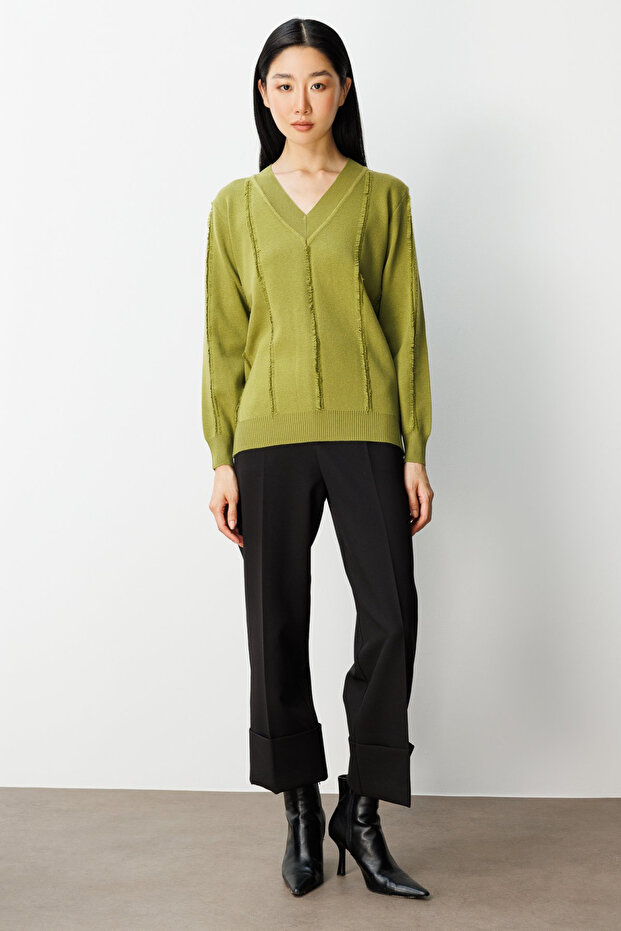 Yaka Şerit Kırçıllı Triko Kazak - 3