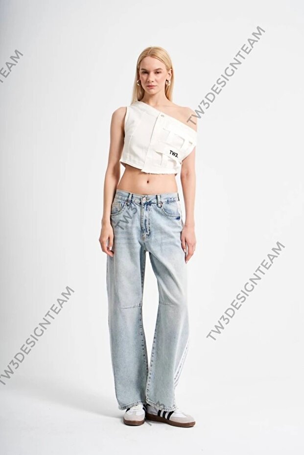 Women's Boat Neck One Shoulder Open Design Crop Blouse
