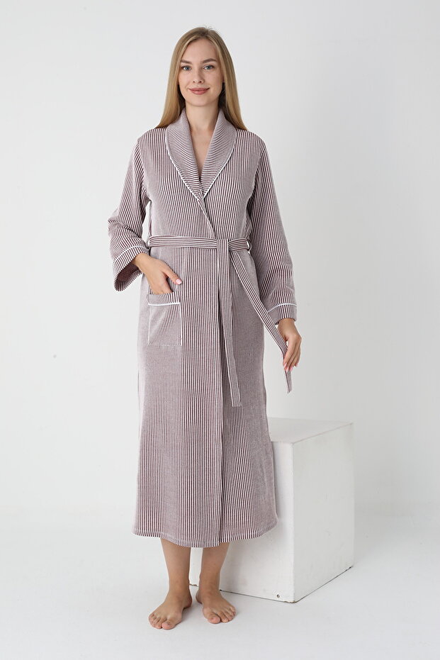 Striped Long Maternity and Postpartum One-Piece Robe with Collar Detail