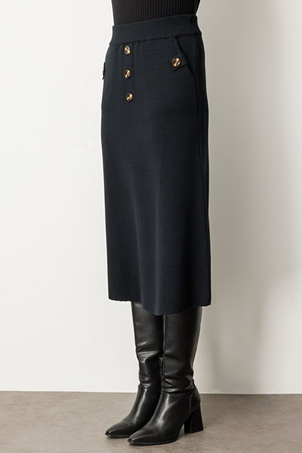 Düğmeli Triko Etek - 4