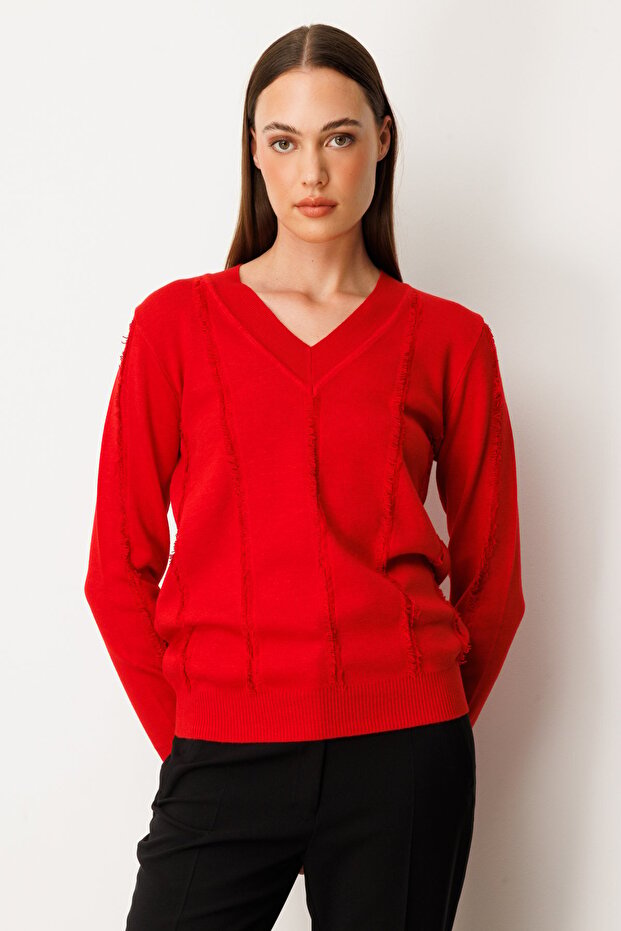 Yaka Şerit Kırçıllı Triko Kazak - 1