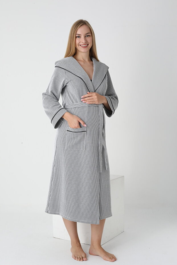 Hooded Pregnant and Maternity Striped Long Dressing Gown
