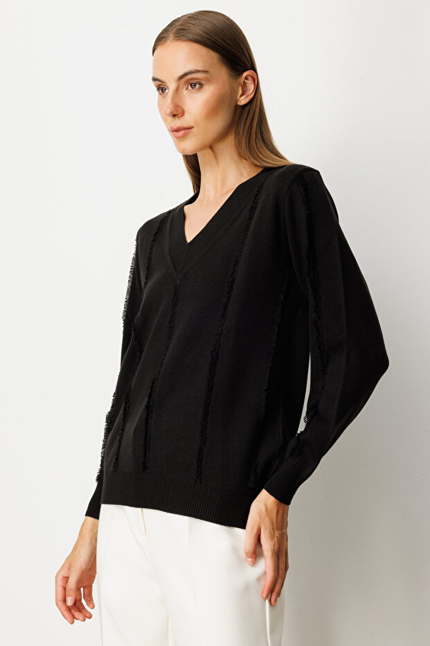 Yaka Şerit Kırçıllı Triko Kazak - 3