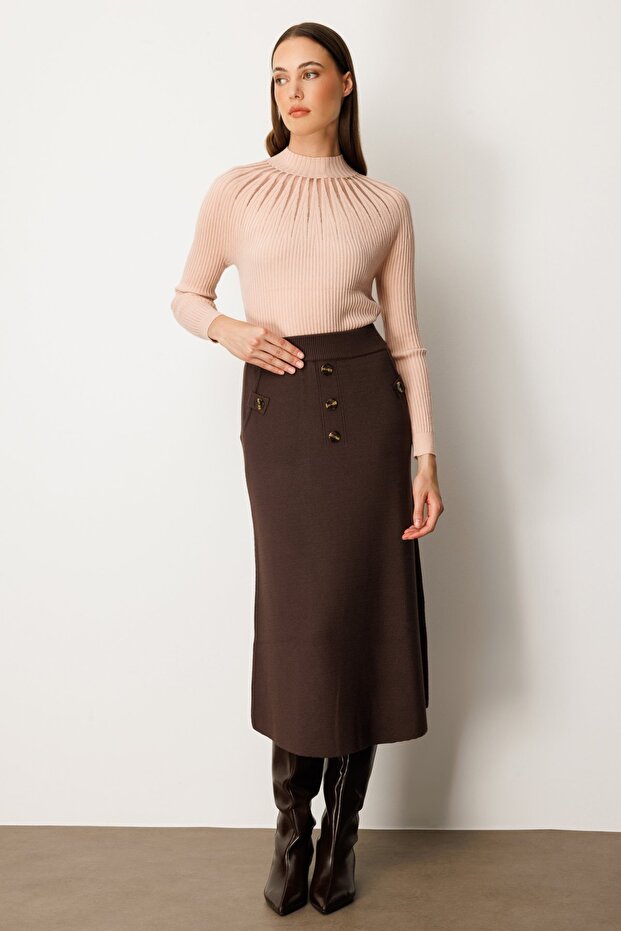 Düğmeli Triko Etek - 2