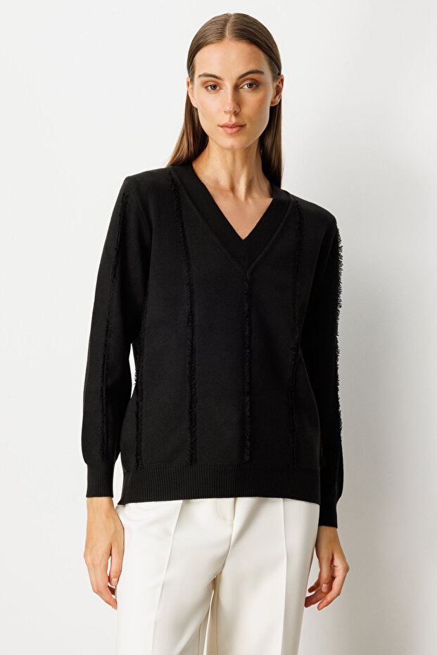 Yaka Şerit Kırçıllı Triko Kazak - 2