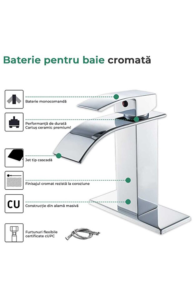 Modern Waterfall Sink Faucet, Single Lever, with Mounting Plate, Chromed Brass - 5