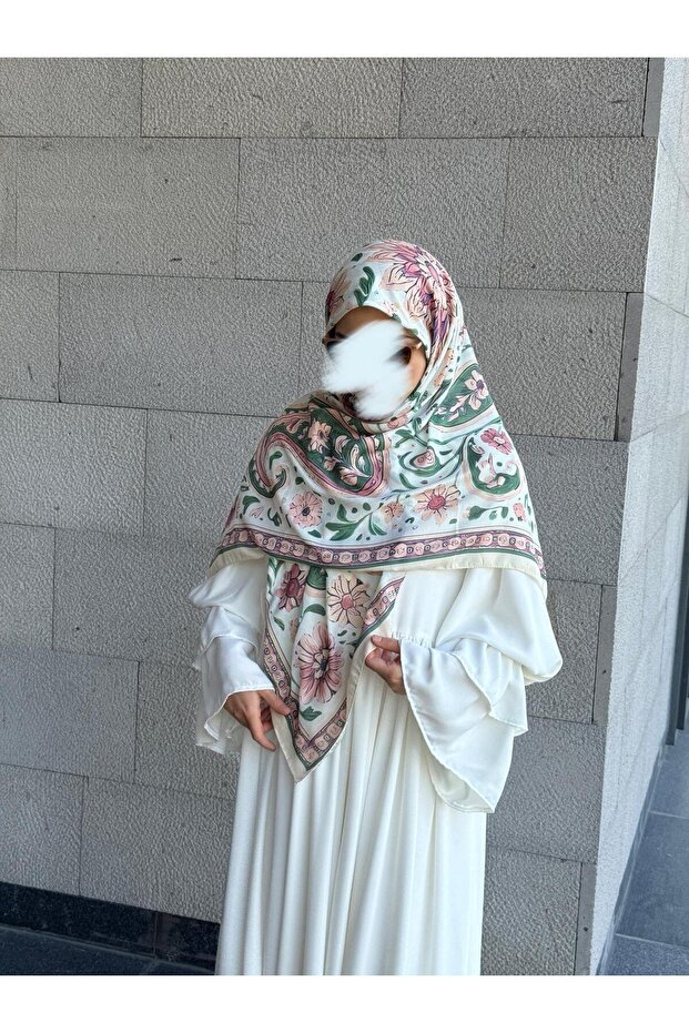 وشاح منقوش بالزهور من القطن - كريمي - 3