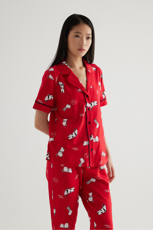 Kadın Pamuklu Kısa Kollu Gömlek Pijama Üstü - 2