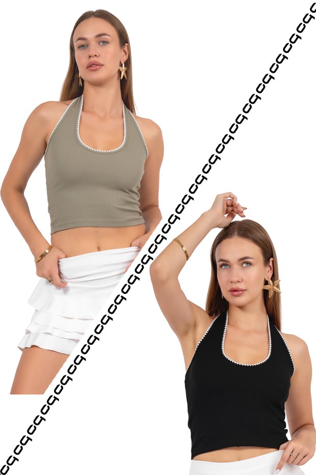Pack of 2 Black/Green Embroidery Detail 100% Cotton Halter Neck Crop Bluz