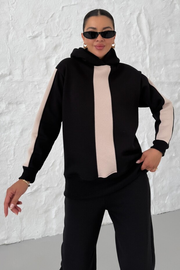 Kadın Siyah Kapüşonlu Kol Ve Göğüs Kalın Şeritli Alt-Üst Eşofman Takımı - 6