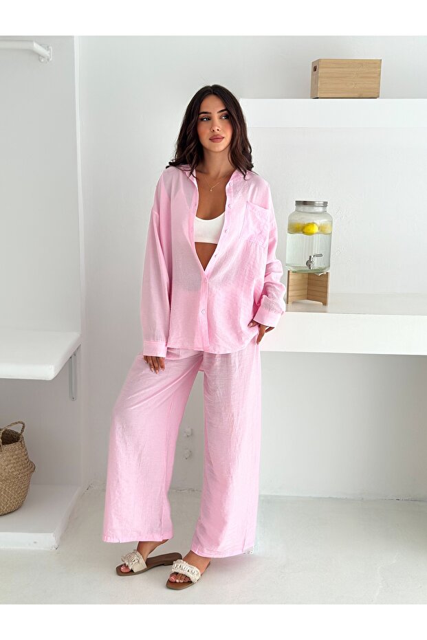 Beli Lastikli Geniş Paça Çilek Kumaş Gömlekli Takim - 3